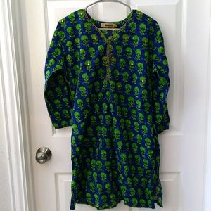 Blue Tunic Dress with Green Floral Like Design XL